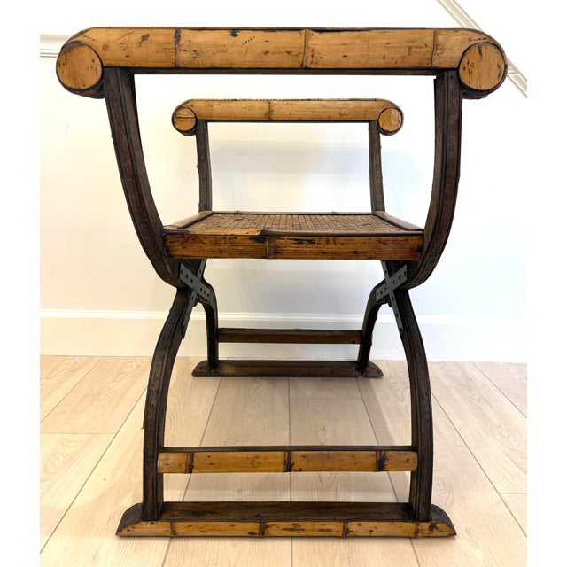 Beige Vintage Bamboo Rattan Savonarola Style Bench For Sale - Image 8 of 12