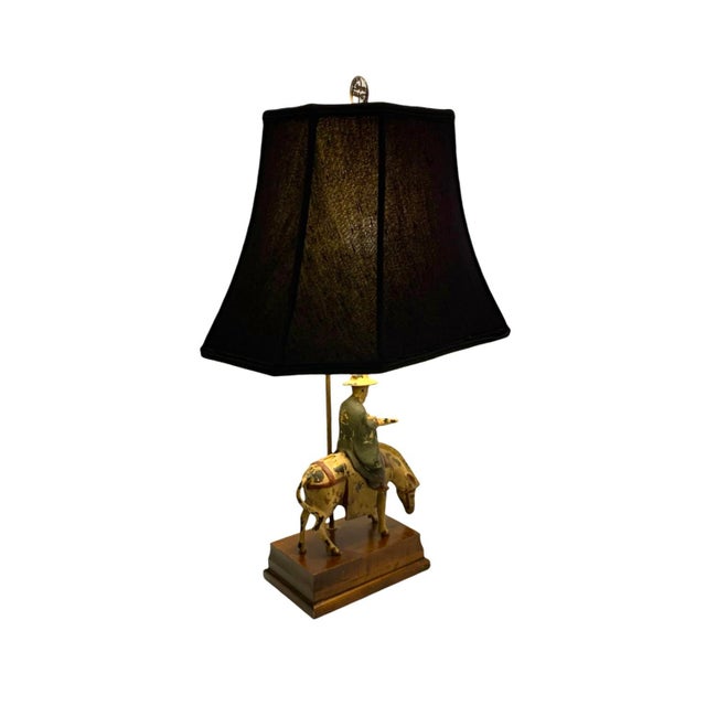 Wood Mid 20th Century Lamp Chinese Scholar on Horse Metal and Wood Old Vintage Oriental Decor For Sale - Image 7 of 12