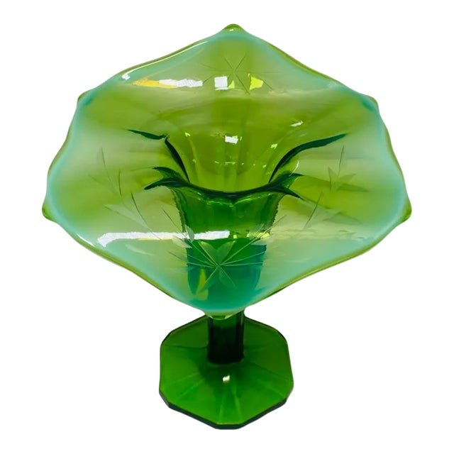 Vintage Green Etched Opalescent Glass Jack in the Pulpit Art Glass Vase For Sale