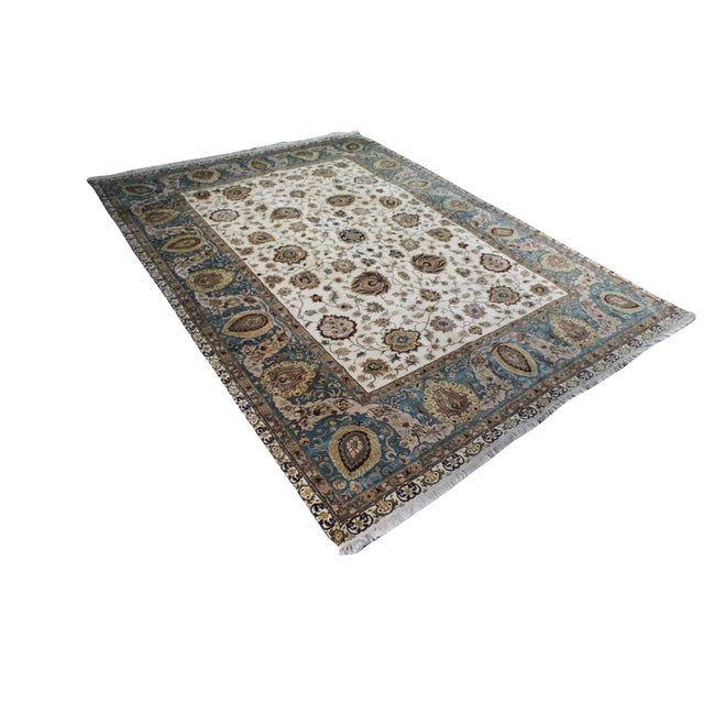Traditional Traditional Hand Knotted Cream Blue Floral All Over Wool Area Rug 9' X 12' For Sale - Image 3 of 14