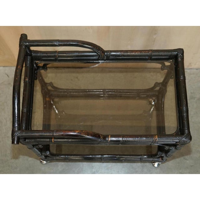 Charcoal Mid-Century Chinese Modern Ebonised Serving Trolley with Bamboo Frame For Sale - Image 8 of 18
