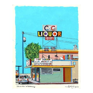 Liquor Store in Tarzana - Original Los Angeles Pop Art Mixed Media Artwork on Paper by Fabio Coruzzi For Sale