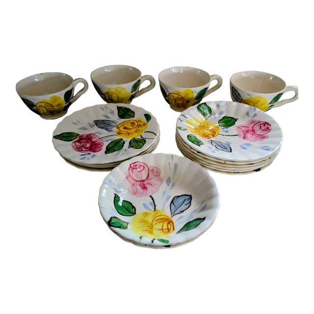 Vintage Hand-Painted Floral Tea Set With Cups, Saucers & Plates – 16 Pieces For Sale