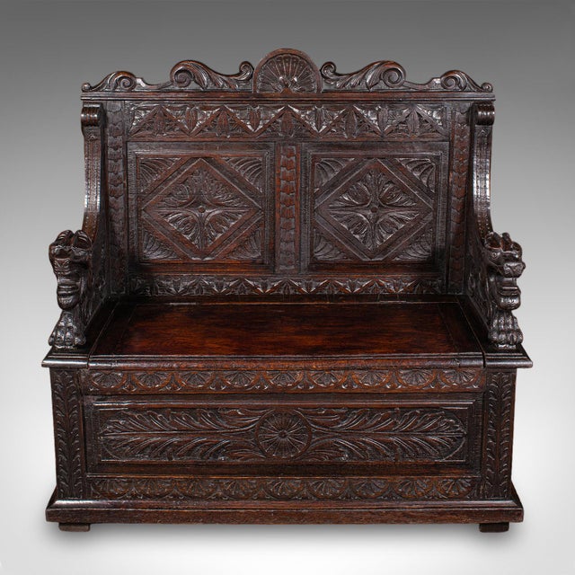 Victorian Antique Baronial Settle, Scottish, Carved Oak, Reception Hall Bench, Victorian For Sale - Image 3 of 12