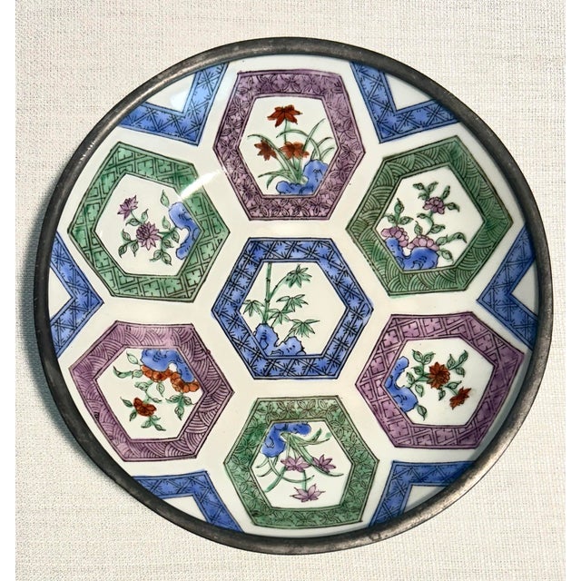 Metal MCM Pewter and Ceramic Neiman Marcus Floral Asian Plates Bowls - A 4 Piece Set For Sale - Image 7 of 9