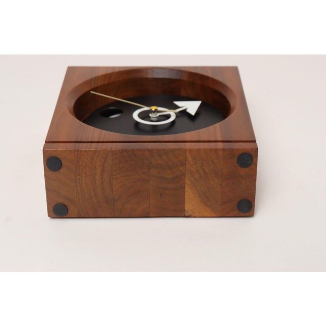 Vintage American Modernist Staved Walnut Square Wall Clock With Date Window For Sale In New York - Image 6 of 13