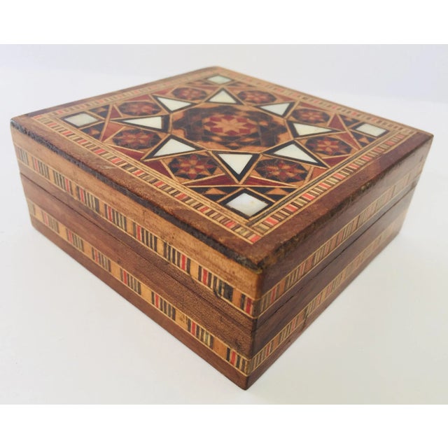 Middle Eastern inlaid marquetry mosaic jewelry box. The amazing craftsmanship in intricate Moorish marquetry fruitwood...