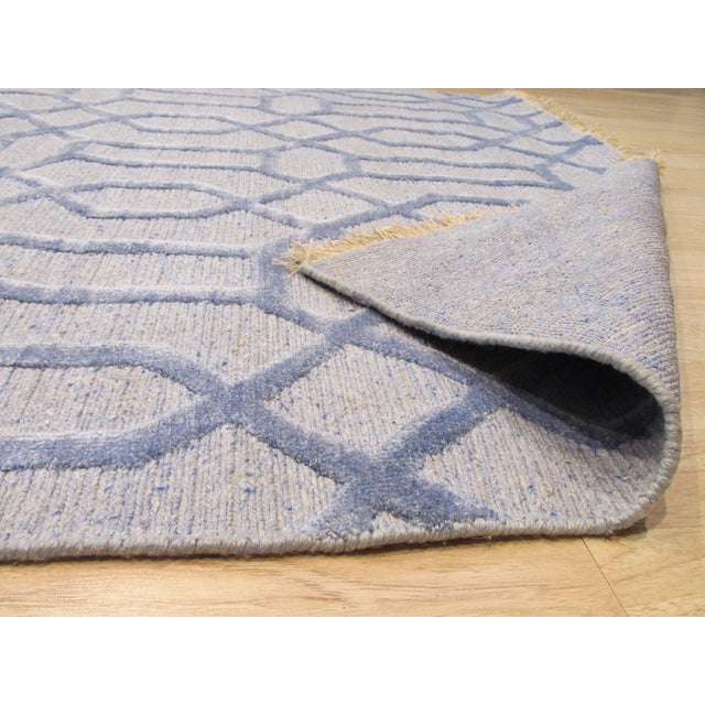 6x9 Classic Lush Blue Hand Knotted Wool & Viscose Interlocking Trellis Geometric Carpet Rug For Sale - Image 4 of 6