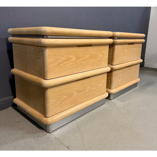 1990s 1990s Pair of Jay Spectre for Century Cerused Oak Nightstands With Brushed Steel Bases For Sale - Image 5 of 9