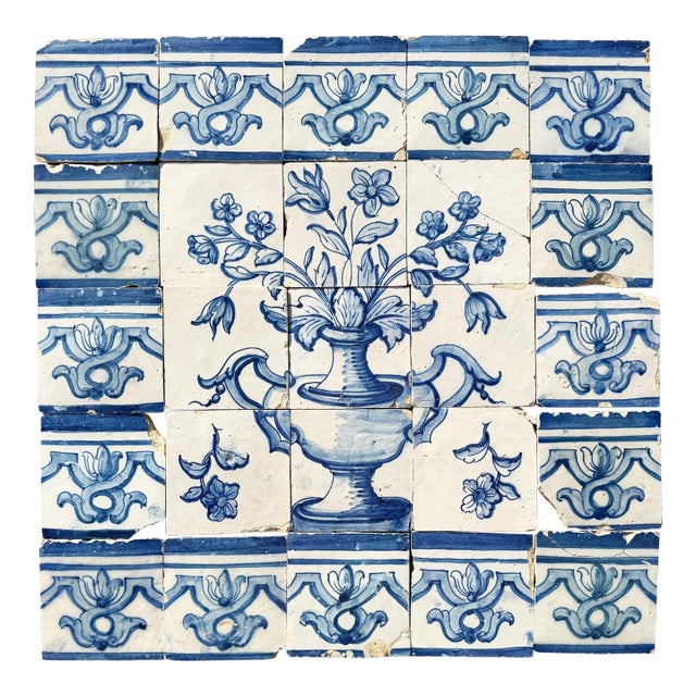 Antique 18th Century Portuguese Tile Panel With Classical Flower Vase For Sale