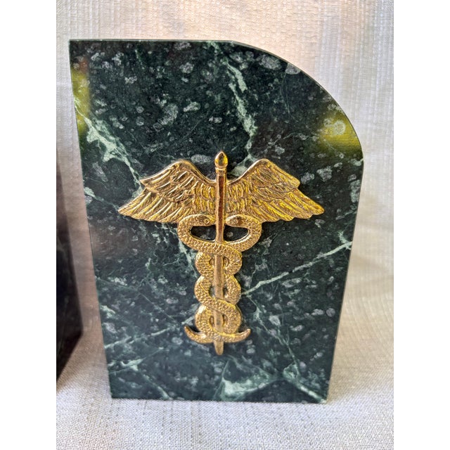 1970s Vintage Medical Caduceus Green Italian Marble Heavy Bookends a Pair For Sale - Image 5 of 16