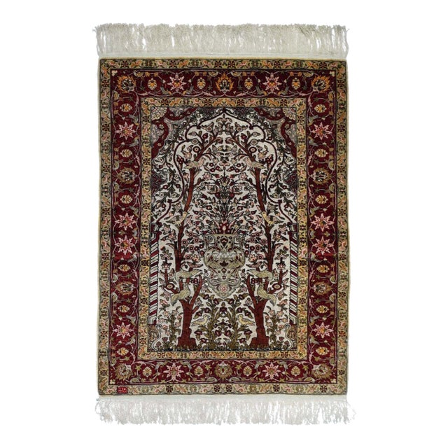 1960s Extremely Fine Turkish Silk Hereke With the Field Woven With Silver Metal Treads Rug 3'3'' X 4'6'' For Sale