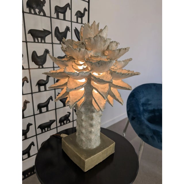 Expressive sculpture lamp by Danish ceramist Birthe Aksby, made of glazed ceramic inspired by organic designs of plant...