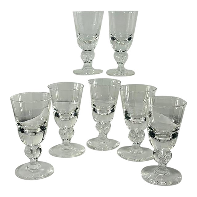 Vintage Signed Steuben Baluster Tear Drop Bubble Stem Goblets- Set of 7, Mid-Century For Sale