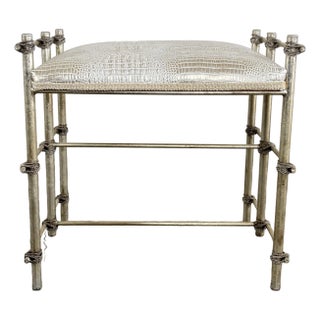 Vintage Maitland-Smith Style Vanity Stool With Metallic Croc Print Upholstery For Sale