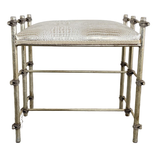 Vintage Maitland-Smith Style Vanity Stool With Metallic Croc Print Upholstery For Sale