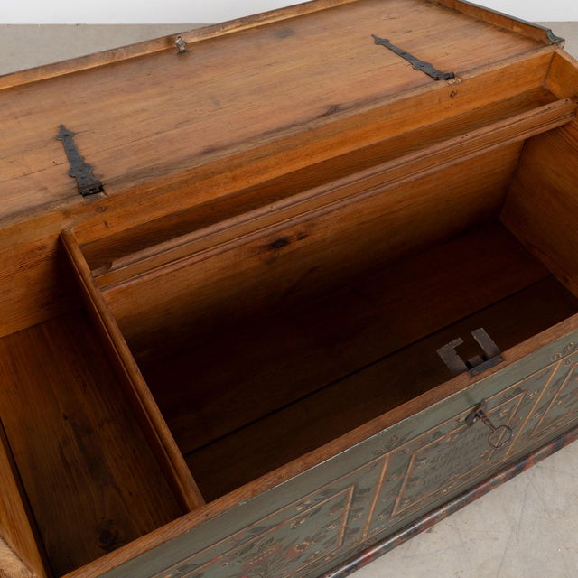 Folk Art 1836 Hungarian Original Hand-Painted Teal Flat Top Pine Trunk For Sale - Image 3 of 18
