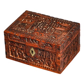 Hand Carved Village Scene Box Antique Chinese Wood Box 19th Century Decorative Chinoiserie Asian Oriental Home Decor For Sale