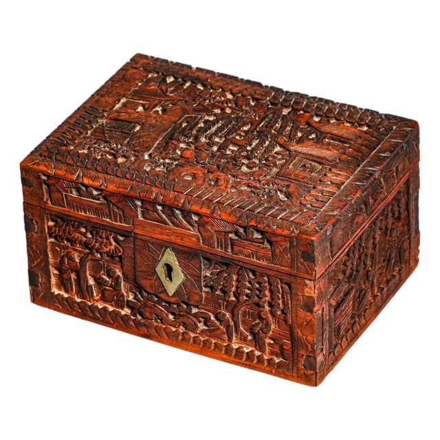 Hand Carved Village Scene Box Antique Chinese Wood Box 19th Century Decorative Chinoiserie Asian Oriental Home Decor For Sale