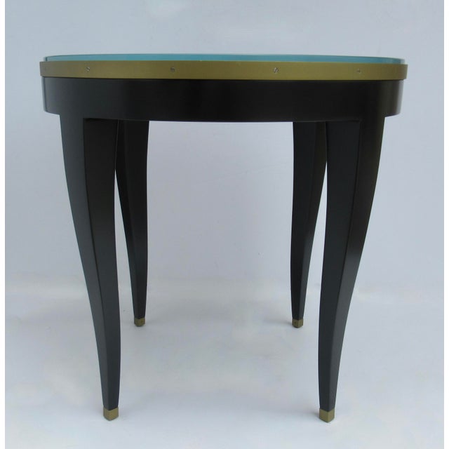 Contemporary C. 1980's Donghia "Essence" Collection Round Side/End Table Satin Black Lacquer Finish With Brushed Brass Details For Sale - Image 3 of 18