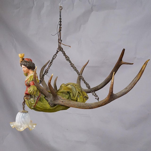 Wooden Carved Lusterweibchen of a Medieval Noble Lady ca. 1900 An antique lusterweibchen with a hand carved and stained...