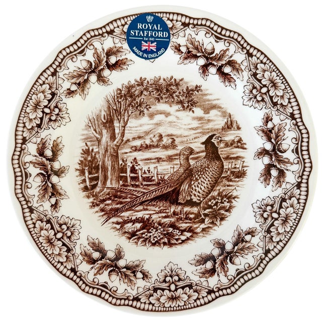 Ceramic Royal Stafford English Brown Transferware Pheasants & Acorns Thanksgiving Salad Plates - Set of 12 For Sale - Image 7 of 7