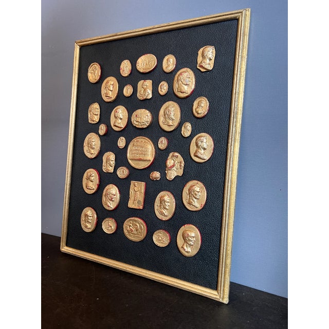 #157 Grand Tour Revival Gilded Intaglio Arrangement on the Leather Board and in Gilt Frame For Sale - Image 9 of 12