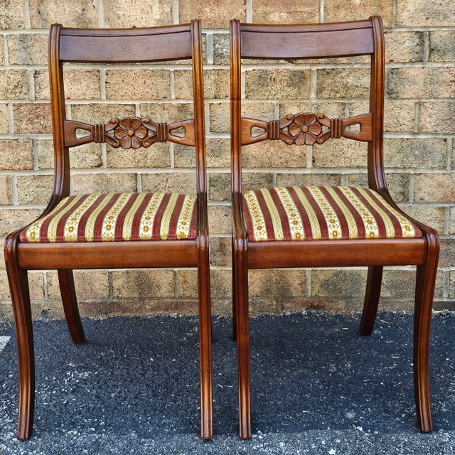 Set of four Stijlvorm Meubelen Duncan Phyfe Style Mahogany and Upholstered Seats Side Chairs. Measures 17.5" in width, 19"...