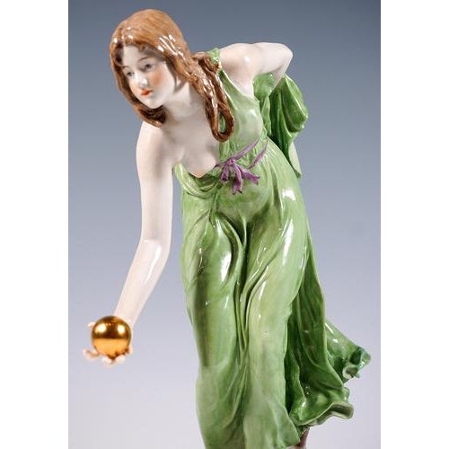 1920s Art Nouveau Figurine of Young Lady Ball Player attributed to Walter Schott for Meissen, 1924 For Sale - Image 5 of 9