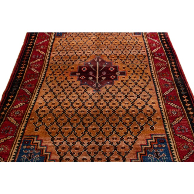 Persian Vintage Persian Hamadan Handmade Geometric Brown Wool Rug For Sale - Image 3 of 9