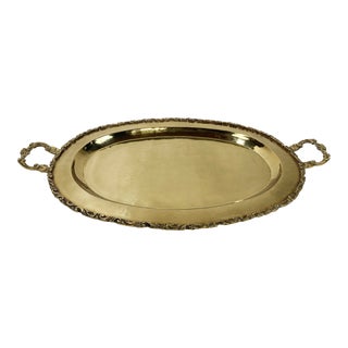 VIntage Victorian Style Scrolled Edge Oval Brass Tray For Sale
