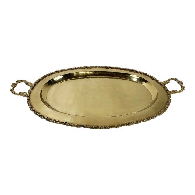VIntage Victorian Style Scrolled Edge Oval Brass Tray For Sale