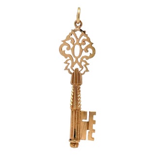 Victorian 18k Rose Gold Ornate Key Pendant With Hand Carved Bow For Sale