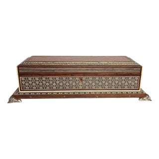 Vintage Large Wood Box Micro Mosaic Inlaid Marquetry With Blue Velvet 17 X 7 X 4.5 For Sale