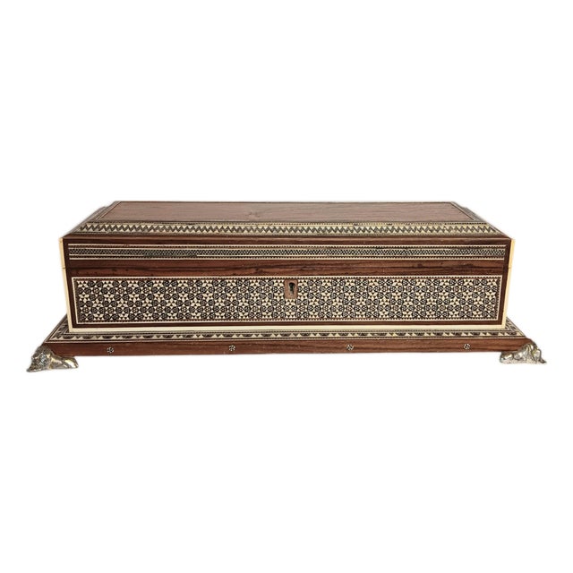 Vintage Large Wood Box Micro Mosaic Inlaid Marquetry With Blue Velvet 17 X 7 X 4.5 For Sale