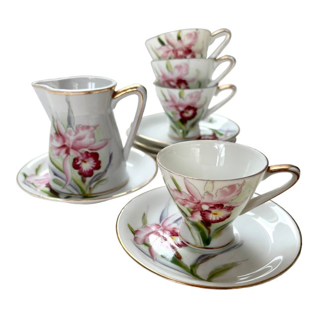 1950s Hand-Painted Porcelain Demitasse Cups & Saucers With Creamer- 10 Pieces For Sale