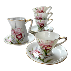 1950s Hand-Painted Porcelain Demitasse Cups & Saucers With Creamer- 10 Pieces