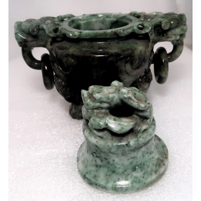 Vintage Chinese Jade Incense Burner, Covered, With Tripod Feet, Foo Dog Finial and Dragon Head Loose Ring Handles For Sale - Image 10 of 16