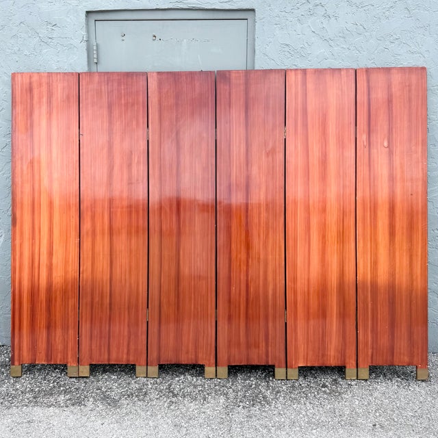 Each label is 16” wide This vintage Chinese six-panel folding screen brings chinoiserie flair to any room. Rich red...