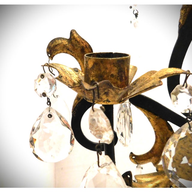 Black and Gold Gilt Metal Floral Wall Sconce, Teardrop Crystals, Candleholders For Sale - Image 12 of 14