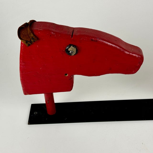 Vintage Farmhouse Double Wooden Horse Heads Sculpture in Red, Kids Decor For Sale - Image 4 of 11