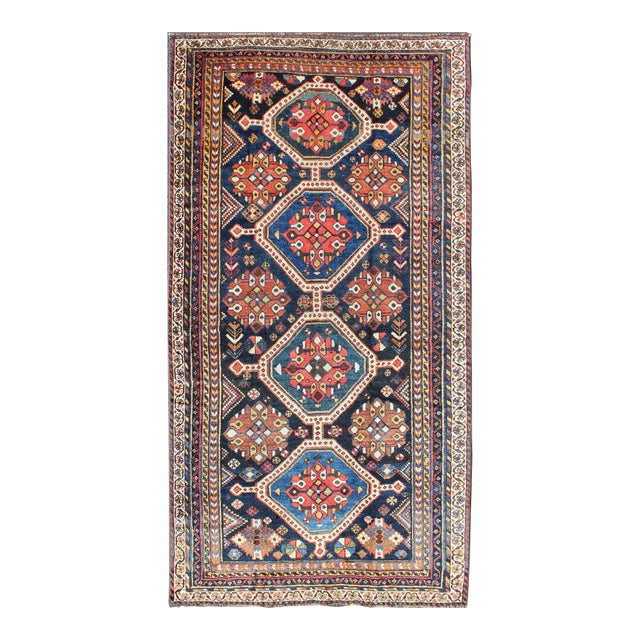 Antique Persian Qashqai Rug With Four-Medallion Design in Blue, Red, Brown Tones 4'1 X 8'3 For Sale