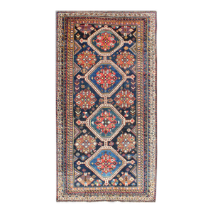Antique Persian Qashqai Rug With Four-Medallion Design in Blue, Red, Brown Tones 4'1 X 8'3