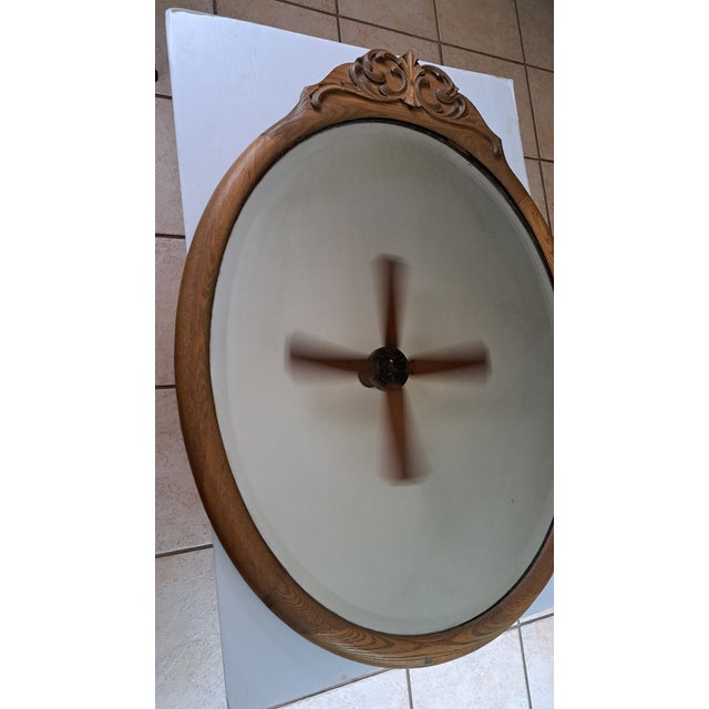 Wood Antique Oval Oak Beveled Wall Mirror – Late Victorian / Edwardian – Carved Crest For Sale - Image 7 of 11