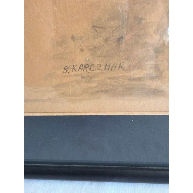 Simon Karczmar Framed Shtetl Lithograph, Jewish Art — Signed in Plate. This expressive work depicts a village scene under...