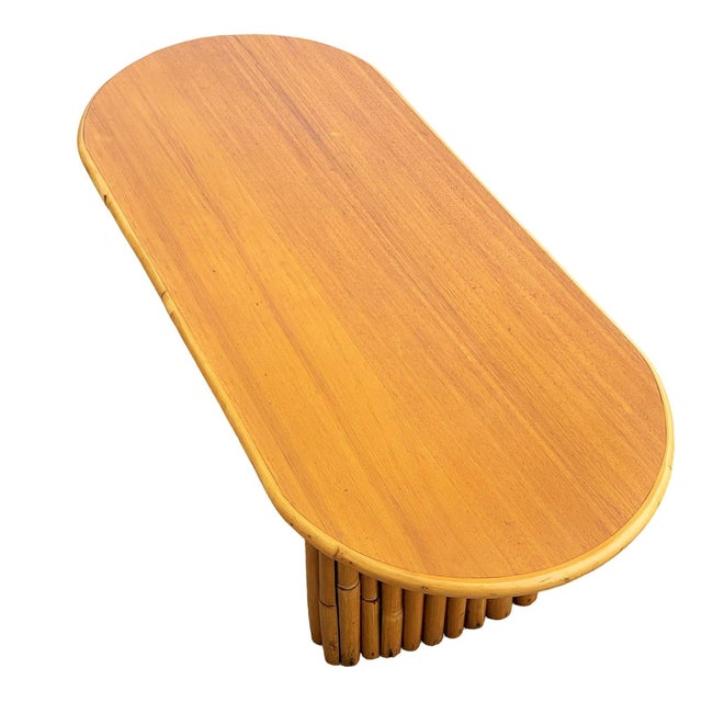 1940s Restored Rattan & Koa Wood Oval Surfboard Coffee Table W/ Stacked Rattan Legs For Sale - Image 4 of 8