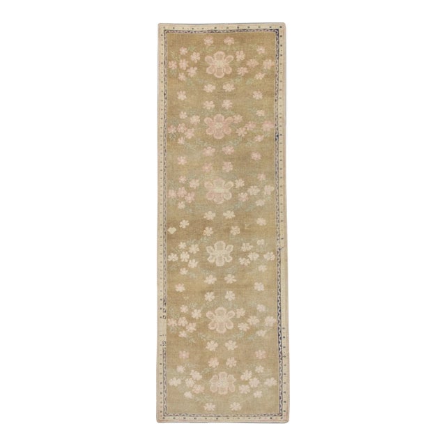Early 21st Century Tan & Pink Floral Design Handwoven Wool Vintage Turkish Runner 3'2" X 9'2" For Sale