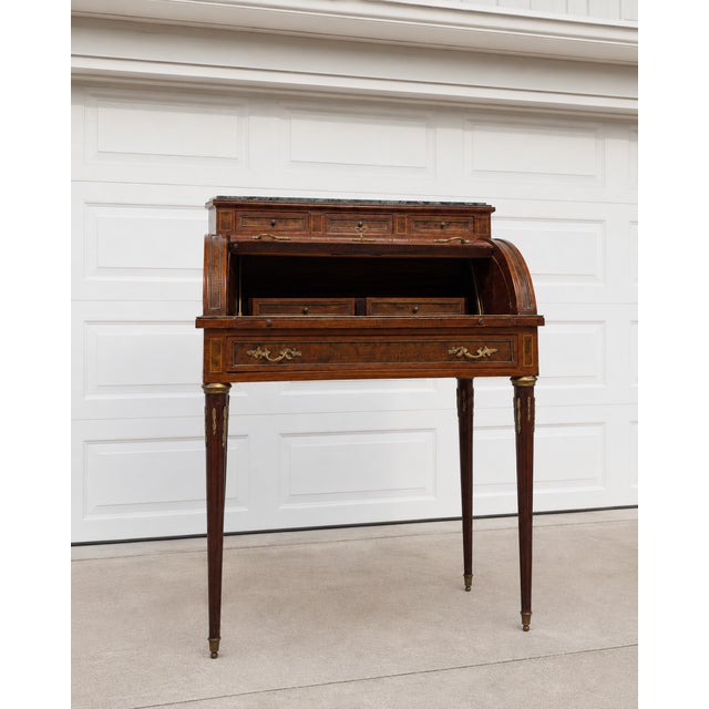 Vintage Louis XVI Solid Wood Cylinder Desk With Rich Mahogany Finish and Green Marble Top For Sale In New York - Image 6 of 7