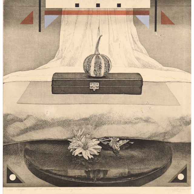 Finely balanced etching by Benjamin Vasserman (Estonian, b 1949). A squash sits atop a small black box with a latch. There...