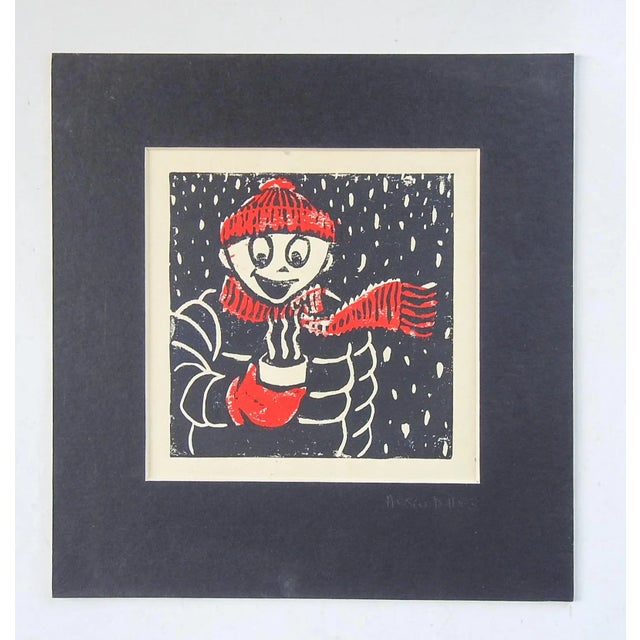Serigraph on paper of character bundled up for winter holding a steaming cup of coffee or hot chocolate. In red and black,...